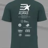 Costas da camiseta. Verde escura com detalhes brancos. No topo, em letra menor, o texto "O Esperanto corre". Logo abaixo, a mesma estrela com rastros presente na frente e o mesmo texto "Esperanto Kuras". Na base, empilhadas, os logos da Liga Brasileira de Esperanto, da Associação Bahiana de Esperanto, da Sociedade Esperantista de Minas Gerais e da LFI Propaganda.