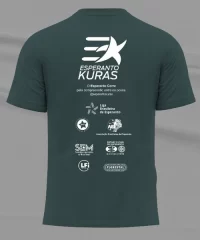 Costas da camiseta. Verde escura com detalhes brancos. No topo, em letra menor, o texto "O Esperanto corre". Logo abaixo, a mesma estrela com rastros presente na frente e o mesmo texto "Esperanto Kuras". Na base, empilhadas, os logos da Liga Brasileira de Esperanto, da Associação Bahiana de Esperanto, da Sociedade Esperantista de Minas Gerais e da LFI Propaganda.